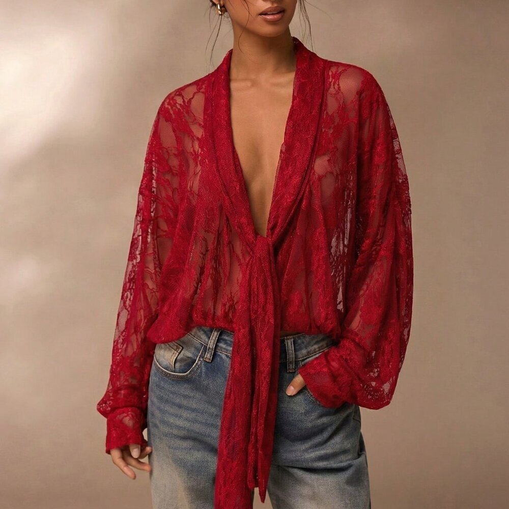 Red Sexy Women's Patterned Sheer Kimono Blouse